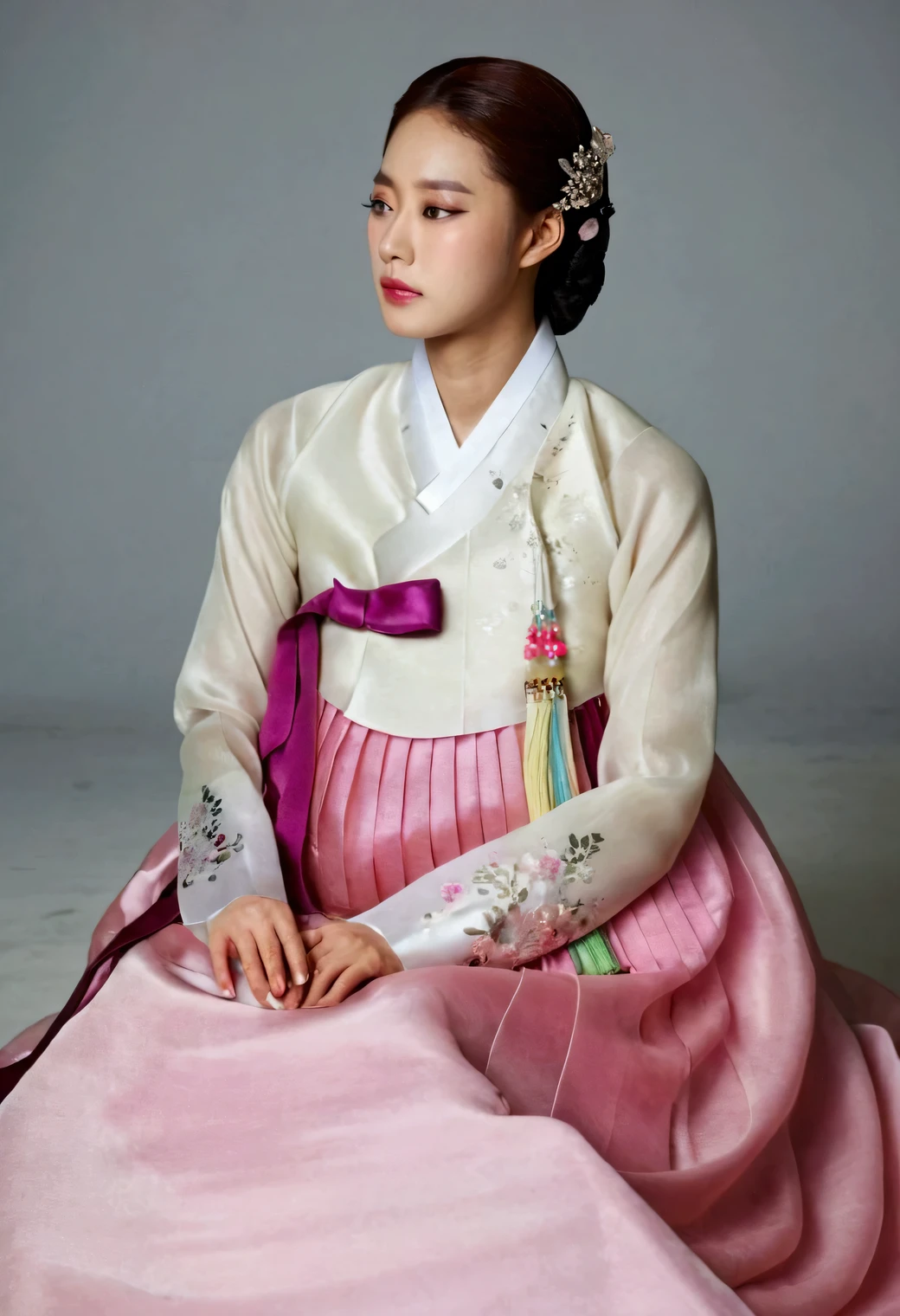 A Korean man in women's hanbok, hi is crossdresser, His face and hairstyle are very masculine, silk, Mother of the Bride hanbok Dress Outfit, breasts like a woman, white and pink, slender female body, satin, full body shot, sit quietly