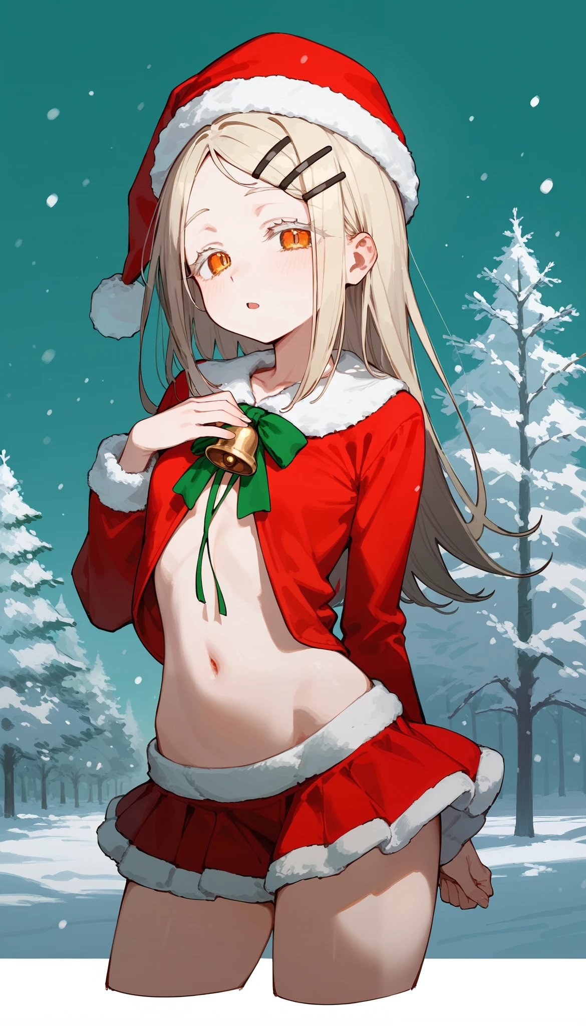 shinosawa hiro, Height: 159 cm, Bust 72/Waist 54/Hips 76, slender, (Listless), Half-open eyes, deep orange eyes,white eyelashes, white blonde hair,long hair,hairclip, small breast, thin belly, small mouth, santa costume, red cropped short jacket, mini-skirt, Furry skirt, red santa hat, green ribbon tie with a bell, bare under chest,  girl, solo, best quality, very aesthetic, nsfw、Highest quality, masterpiece, No correction,thin, shy, Expressionless, (little smile:0.5), open mouth, Christmas, cowboy shot, skirt lift, snow, 