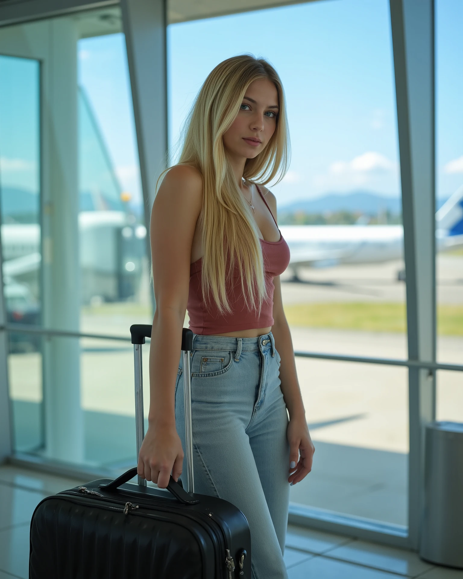 (High resolution, best quality, head of artwork:1.2), girl, blonde, long hair, striking pose, influencer, shoes, at the airport, vivid colors, soft lighting, modern fashion, confident attitude, classic luggage, lively crowd, airplane in the background