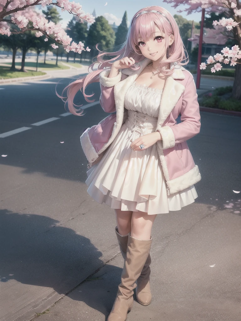 (extremely detailed CG), (best quality), perfect face, shiny skin, lustrous skin,wide hips,narrow waist, 1girl  ,solo AhimGokai, long sleeves,ring,knee boots,white dress,pink coat,hairband, necklace,jewelry, boots, long hair, dress, pink hair,pink eyes, smile, Pink sunrise sky and cherry blossoms background, standing,perfect hands