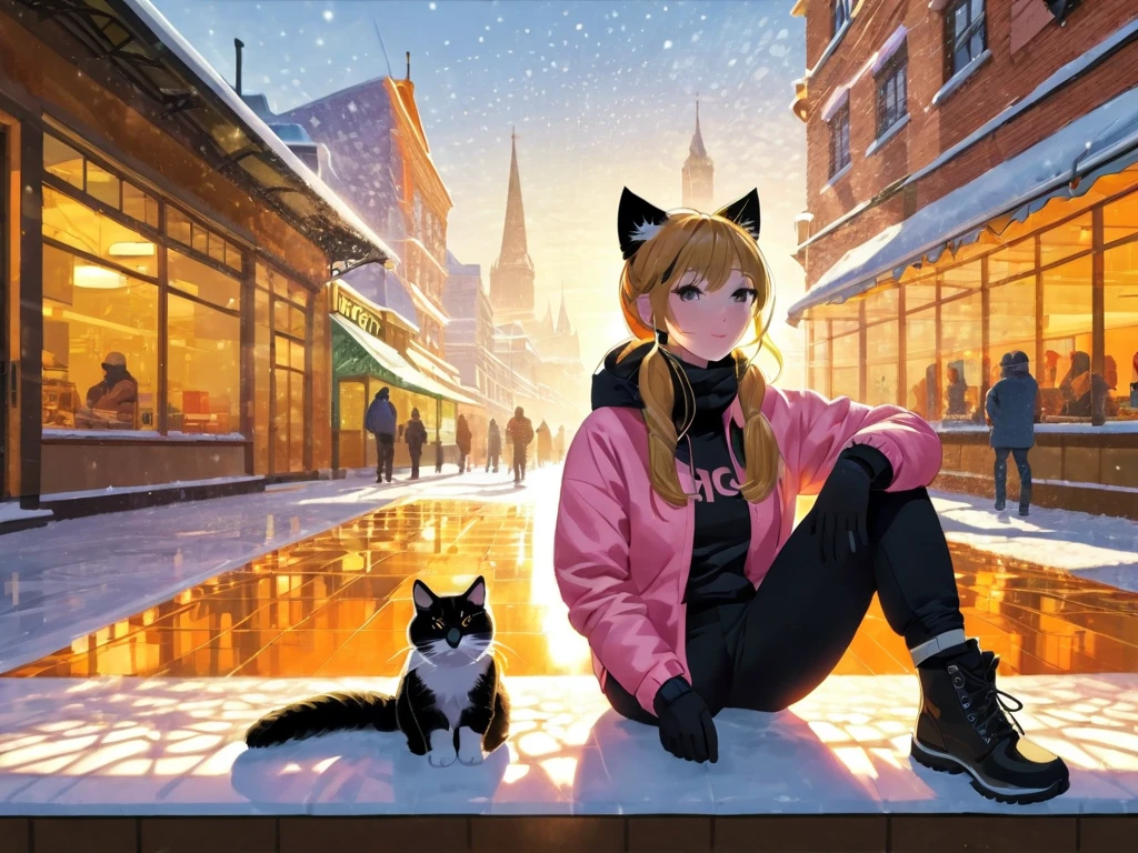 afternoon，Backlight，Cafe，（ Orange Cat Frey Cat Woman ） There is a girl with cat ears sitting ，，A cup of coffee ， Two Hands, One Thumb and Four Hands， wide ass ， black snow boots ，Pink T-shirt、 Black Baggy Pants ， Long Hair with a Low Single Ponytail ，Light blond hair，Queen's sitting position 。Portrait of an Explorer  ,radiation mosaic:1.2, Catch the sun:0.8, Like a shard of glass , infuses warmth and energy into the space:0.4 Flash and dance.