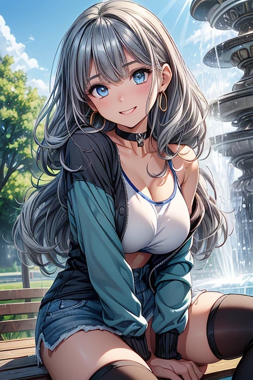 #Basics A girl is posing for a photo, animeのかわいい女の子,  ((One Girl)), (((Baby Face:1.2)) + ((cute:1.3))), 
break 

#Clothing Accessories 
((mini denim shorts)) + ((Black shirt tied under the chest)) + belly button + Black sneakers, 
(Gold hoop earrings), (Fancy Necklace), (Black nail polish), (Cleavage), 
break 

#Features 
(((Silver Hair)), (low twin tail : Fuller Hair + Voluminous Hair + Hair curled outside + Tied up with a red string ribbon)), 
((Droopy eyes:1.4, Big eyes:1.2), blue eyes), (Small breasts),  
break 

#background environment 
((noon + garden + grass, Promenade)), 
#Facial Expression Pose  
((LOL)), ((Brush your hair back)), (Sweat), 
#composition 
((Face the camera, (Focus from the front), Cowboy Shot)), 
break 

#Body parts elements 
(Slim figure), 
(Detailed Hair, Beautiful Hair, Shiny Hair), 
(double eyelid, Long eyelashes), 
(Expression of fine eyes, Beautiful and delicate eyes, Sparkling eyes, Eye Reflexes, Glitter Eyeliner), 
(Human Ear), 
(Beautiful Nose, Thin Nose), 
(Glossy Lips, Beautiful Lips, Thick lips), (Symmetrical facial features), 
(Detailed skin, Textured skin, Beautiful Skin, Oily skin), 
break 

#Quality Image Quality Common 
(((Highest quality)), ((masterpiece)), ((Very detailed))), ((Ultra-high resolution)), ((16K, 1080P)), ((FHD)), 
(Anatomically correct), (Realistic), (3DCG), (oil), 
#Quality image illustration 
((comics, anime)), CG illustration,
