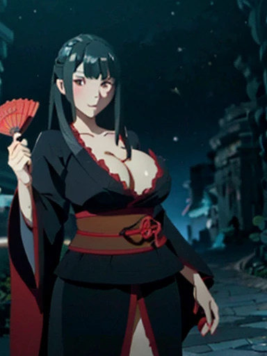 A dragon ,   wears a black kimono with red flowers and white details and a fan,  long black hair ,  curvy body and slim waist  , beautiful face,  beautiful slender body big breasts exposed at night  , that,  arifureta anime isekai 