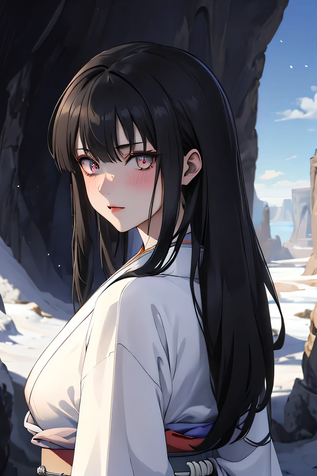 Masterpiece, Best Quality, Coloured image,Hi-Res, source_anime, (good_hands:0.9) , 1girl, silver eyes, focused eyes, black coloured hair, long hair, white kimono, big breast, looking at viewer, from front.stand, outdoor, cliff , canyon, snowy ground ,daylight , Glossy oily Skin, blushing, dramatic shadows, cinematic sun lighting, (light particles:0.8)