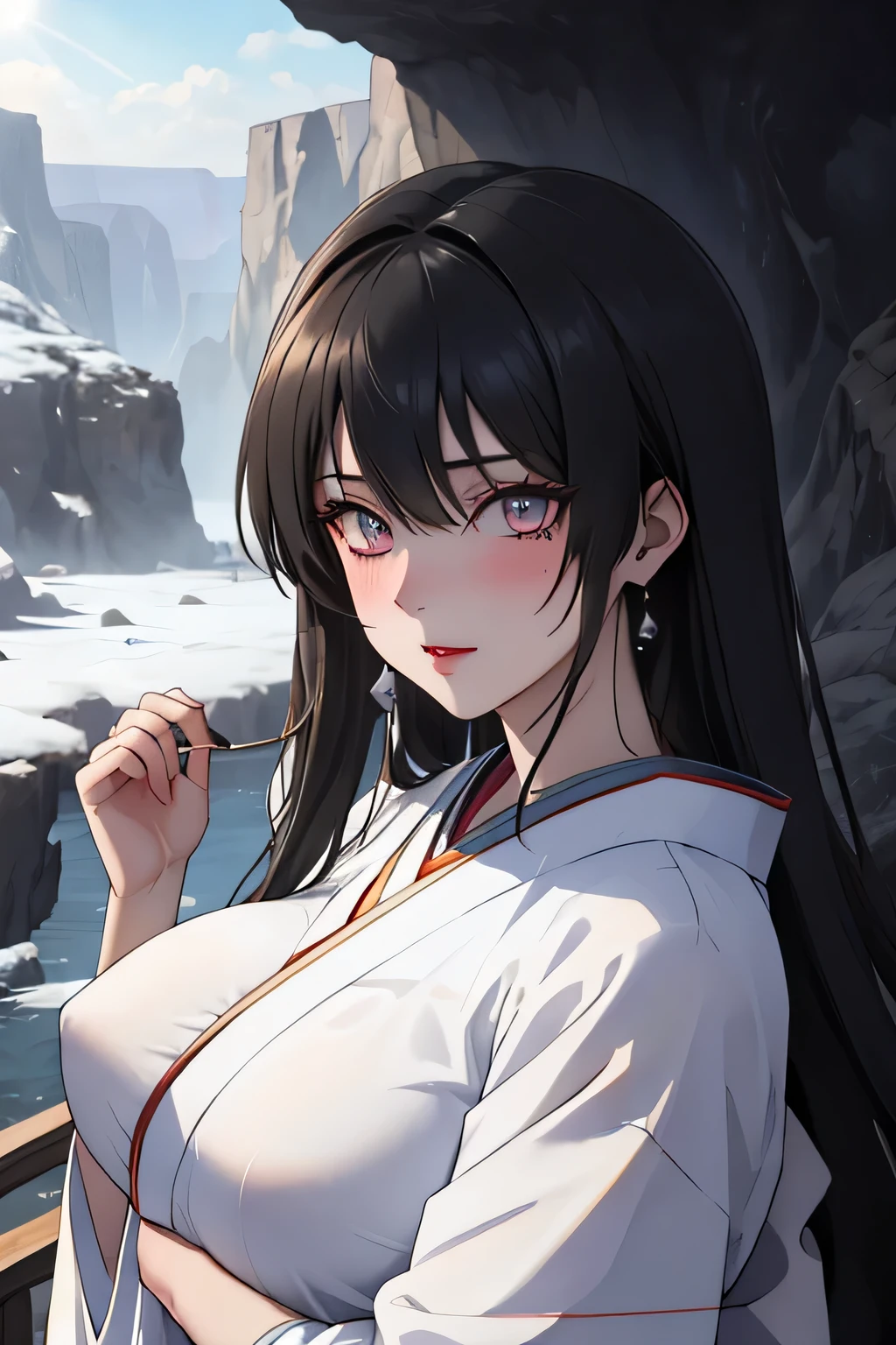 Masterpiece, Best Quality, Coloured image,Hi-Res, source_anime, (good_hands:0.9) , 1girl, silver eyes, focused eyes, black coloured hair, long hair, white kimono, big breast, leaning, looking at viewer, from front.stand, outdoor, cliff , canyon, snowy ground ,daylight , Glossy oily Skin, blushing, dramatic shadows, cinematic sun lighting, (light particles:0.8)