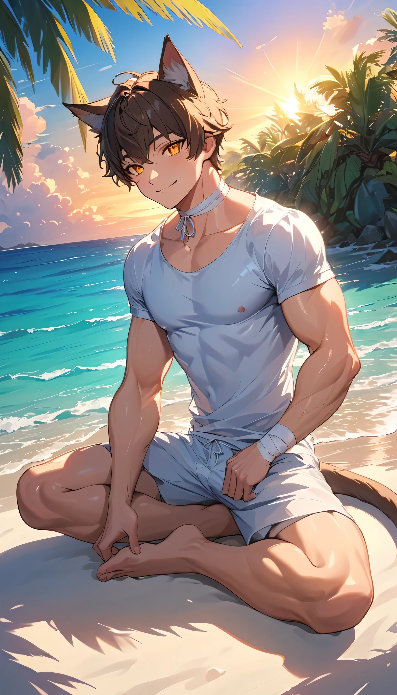 ((best quality)), ((Artwork)), (detailded), 1 Men, shirt wet, by the sea , no underwear , chest marking , no pants ,  protuberance , Panas , sexually , only