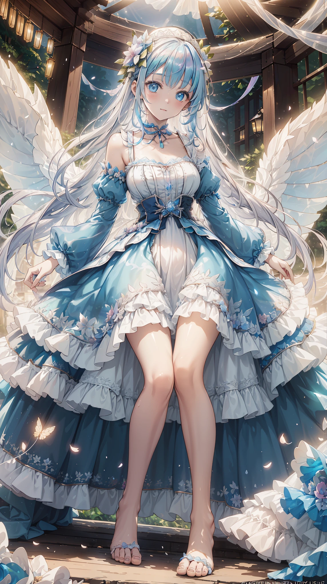  a girl , The most beautiful woman in the world, Side seated , White hair, Long Bian , White hair,  blue eyes , ((( Barefoot in the water , Lightly dressed ****ta，Small hat， The dress has moving streamers ) )),  Deep Magical Forest ， Growing Neon Flowers and Fireflies ,  Colorful flowers and leaves , { Extremely Detailed 16k CG Unit Wallpaper}, Wide-ranging landscape photography, (  The focus is on characters and scenes  ), ( wide field of view ), (Low Angle Shot), (emphasize: 1.2), (Low Light: 1.7), ( Warm light source: 1.2),  Complex details , ( iridescent color : 1.5), ( brightly illuminate ), (Ambient lighting )
