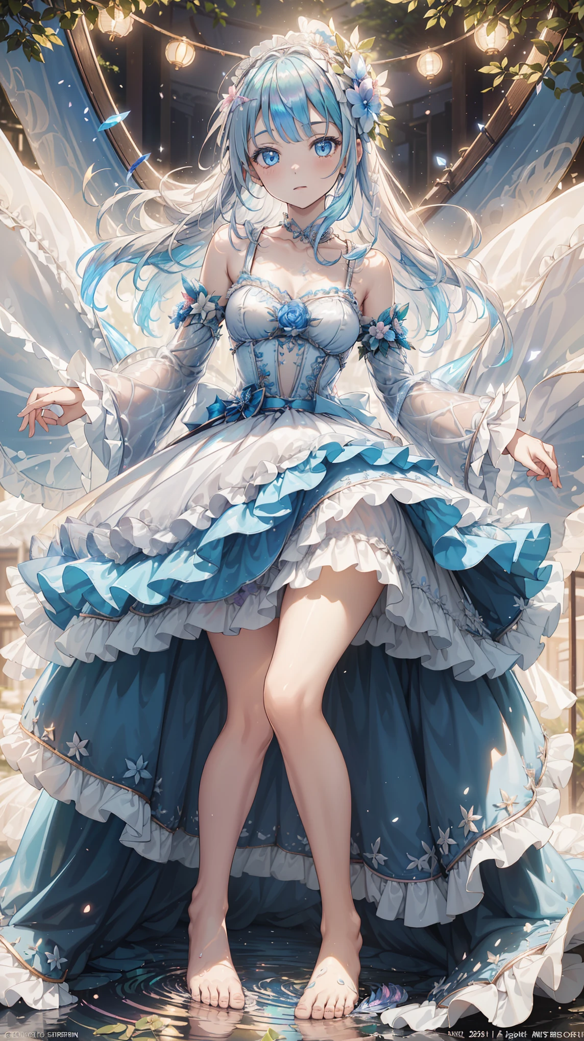  a girl , The most beautiful woman in the world, Side seated , White hair, Long Bian , White hair,  blue eyes , ((( Barefoot in the water , Lightly dressed ****ta，Small hat， The dress has moving streamers ) )),  Deep Magical Forest ， Growing Neon Flowers and Fireflies ,  Colorful flowers and leaves , { Extremely Detailed 16k CG Unit Wallpaper}, Wide-ranging landscape photography, (  The focus is on characters and scenes  ), ( wide field of view ), (Low Angle Shot), (emphasize: 1.2), (Low Light: 1.7), ( Warm light source: 1.2),  Complex details , ( iridescent color : 1.5), ( brightly illuminate ), (Ambient lighting )
