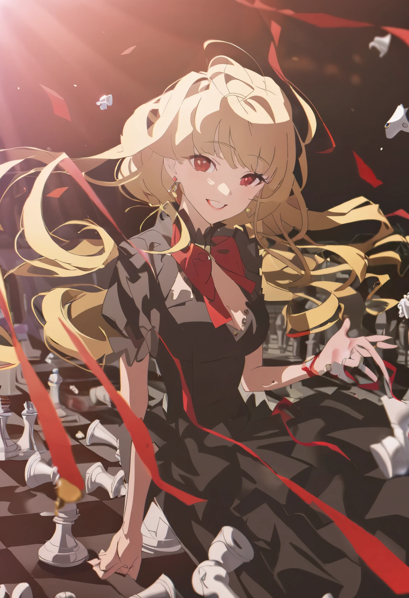 1 Girl， Gold Extra Long Curly Hair，Gorgeous attire，Prom Style Outfit ，Smile，Devilish，Red pupil，Bow，cup， ray tracing ， top quality，Movie Lighting，Blood，Dark background，Chess board