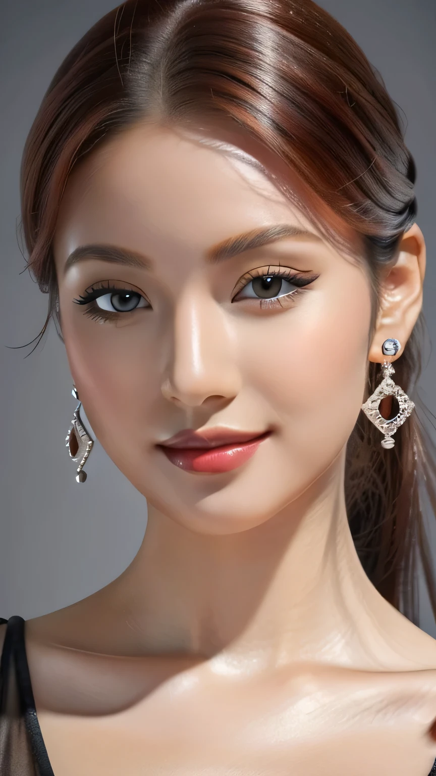 (masterpiece:1.21),(bestquality:1.21),8k,high detailed,ultra-detailed,depth of field,wide angle,1girl,beautiful face,Graceful Hands,Real Skin Texture,solo,looking at viewer,clean background trending,(portrait photo of a gray backdrop),black eyes,beautiful detailed eyes,random_color_lipstick,eyeliner,eyelashes,random_color_nail_polish,earrings,necklace,
Mahogany Hair,low ponytail,Kind Smile,High key lighting,shadow