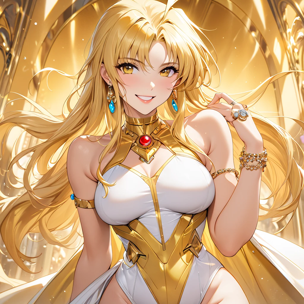 The woman is a happy, beautiful blonde Fate Testarossa wearing a leotard and is adorned with gorgeous accessories such as earrings, bracelets, rings, necklaces, and waist chains、(( best quality)), ((masterpiece)), ( Details), （ perfect face）,The woman is a blonde Fate Testarossa with excellent proportions 