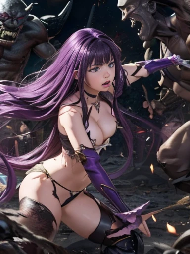 highest quality、Battle of Despair 1:8、Beautiful woman with very long purple hair、White light armor（Chest exposed、Off the shoulder、No sleeve、No elbow pads、Belly button、High leg、Exposed thighs）、White Armor Boots、Tears overflow、Frightened expression、scream、run away、Attacked by mutants 1:5、Many violent mutants 1:5、Mutant Holding Arm、Mutant attacks from behind、Mutant grabs leg、Mutant Swarm 1:5、darkness、another world、Dark fantasy、hell