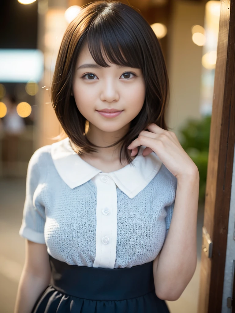 8k,masterpiece,Japanese,-yeld gifrom the front,smile,cute,Innocent face,Innocent,Kind eyes,Childish,Plain T-shirt,Short sleeve,Blue checked short skirt,Bob,Hair blowing in the wind,Black Hair,Somewhat strong wind,noon,bright,Sitting、M-shaped feet, (Large Breasts:1.2),(Emphasize the chest:1.2)