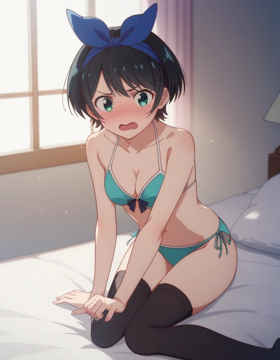 score_9, score_8_up, score_7_up, source_anime,
rukasarashina, ruka sarashina, short hair, bangs, black hair, ribbon, green eyes, hair ribbon, hairband, blue hairband,
 black thighhighs、
morning、short、makes you blush 、 embarrassed 、sit、small pink micro bikini、
sunlight、 
、sunlight、 open your mouth wide、whole body、Thin arms、Thin legs、cute、 Beautiful Legs 、 beautiful eyes with beautiful details ,  sparkle with beautiful details, Lots of sparkle、
