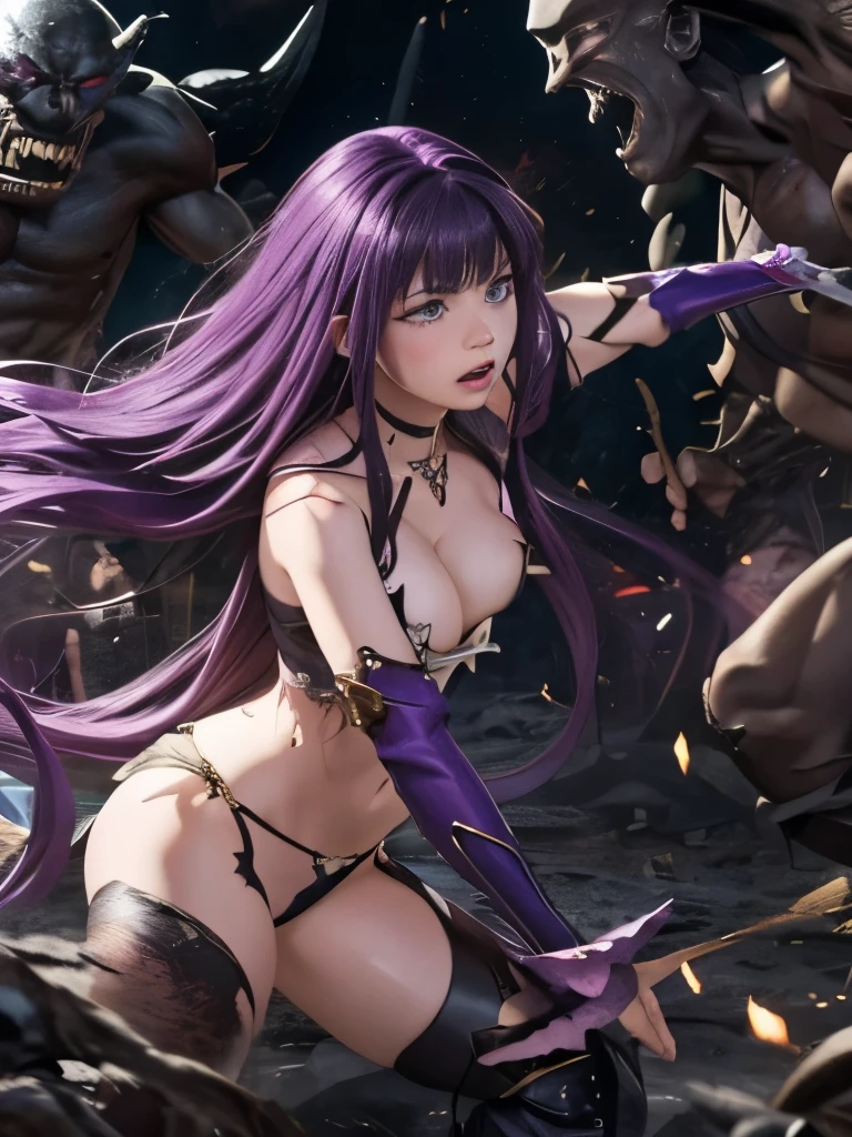  best quality、Whole body expression、torture、 slave、Constraints、BDSM、Captured by a monster、Surrounded by Monsters 1:5、defeat、 beautiful woman with very long purple hair、Full of wounds、tattered white armor（Small breasts、 cleavage、 off-shoulder 、Sleeveless、No elbow pads、belly button、 high leg、Exposed thighs）、White Armor Boots、Beautiful woman with very long purple hair 、Crying、 Tears Overflow 、A hopeless expression、Fleeing、run、Attacked by monsters 1:5、Many violent monsters 1:5、Monster grabs arm.　Monster attacks from behind、Monster grabs the leg、Monster Swarm 1:5、midnight、 Darkness、Different world、 Dark Fantasy、Pitch Black Hell