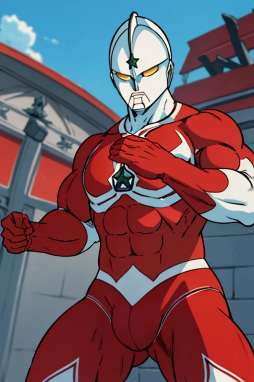 masterpiece,  best quality, 4K, 8k, Ultraman Jonius, Muscular, , Masculinity, bulge、Robust，大きな股間のbulge，Stocky build、Pinch in battle 、suffer、Thick chest、Crucified