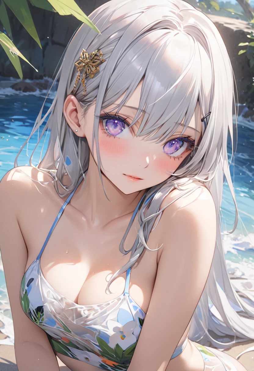 1girl, white hair, purple eyes, portrait, realistic, towel, (onsen), sidelighting, wallpaper, nsfw,