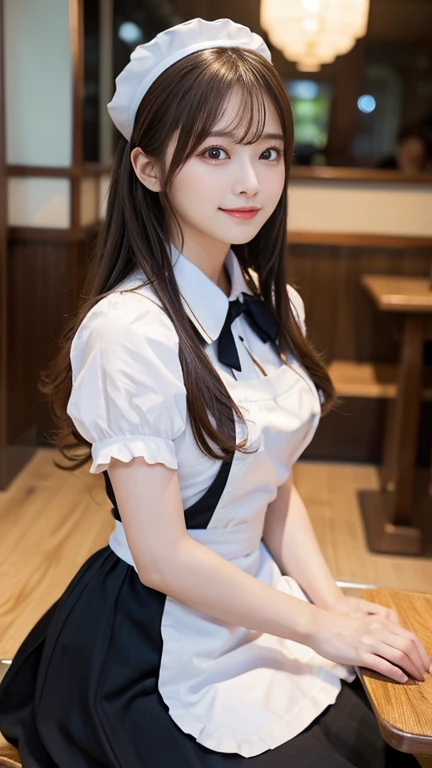 masterpiece, best quality, illustration, Super detailed, fine details, High resolution, 8K,wall paper, perfect dynamic composition,(Details High quality, realistic depiction of eyes:1.3), waitress uniform, restaurant, plump breast, saggy breasts、expresses the roundness and softness of your chest, Don't expose it, short bob hair、black hair color, Big Natural Color Lip, (perfect body shape), crying a little、cold gaze, Harajuku style、20 year old girl、cute type、ta、beautiful legs, focus on crotch, full body photo, gravure idol