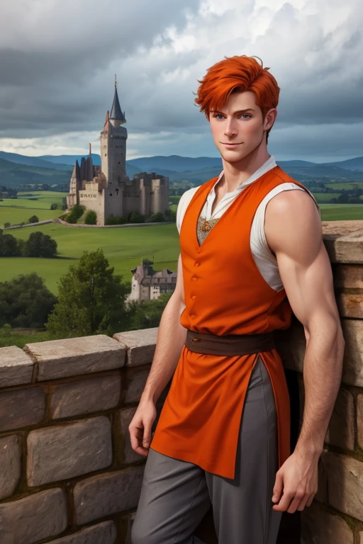 Photo-realistic. A pleased, tall, handsome, fit, 24-year-old Caucasian medieval prince, with short, fade-cut, burnt orange hair, and blue eyes, wearing a red and tan sleeveless tunic, with gray trousers, standing on a castle wall, looking out to the distance, on a cloudy afternoon.