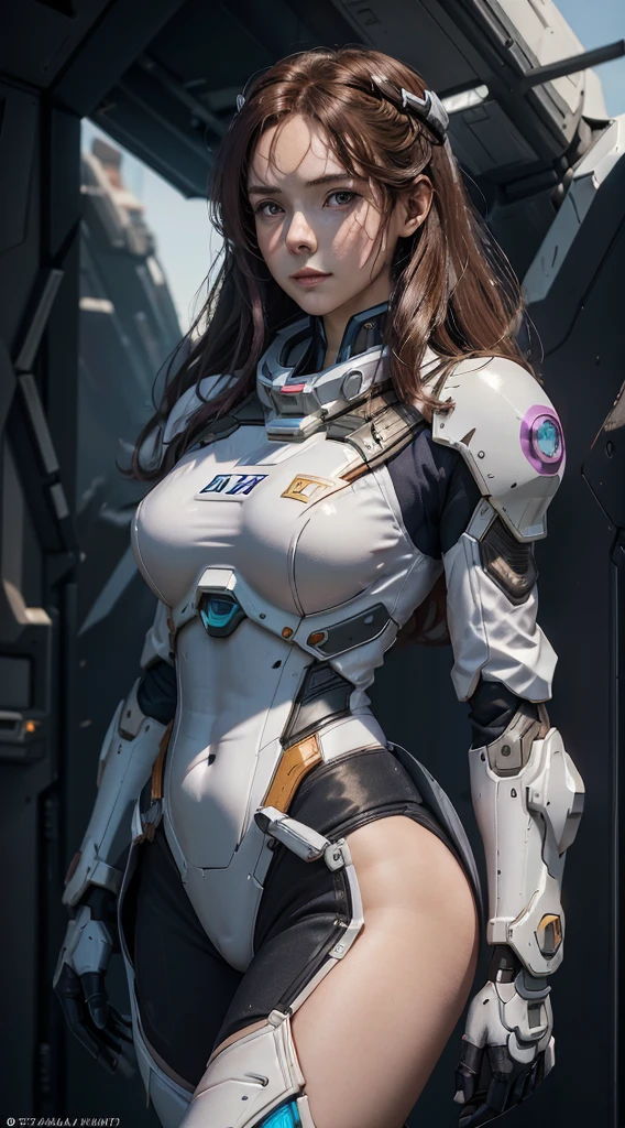 A girl looking at the viewer, front, goose egg face, long black hair, mecha, futuristic, 8k HD picture, more details, solid color background, ((bottomless_waist_down nude)), girl waist down,((female_vagina)), bushes in her pussy, nude waist down, perfect vagina, cunt,nsfw