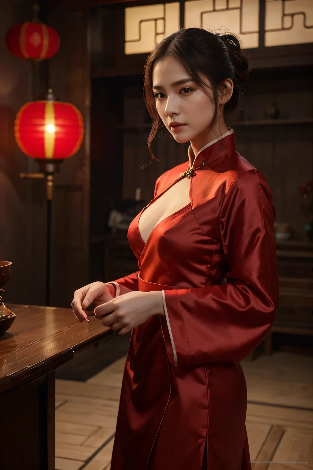 8k, Masterpiece Best Quality, Women, Man, (Gentle Shape), perfect face, hanfu dress, sexy, fascinating, thin fabric chinese dress, tower, red lantern tower,