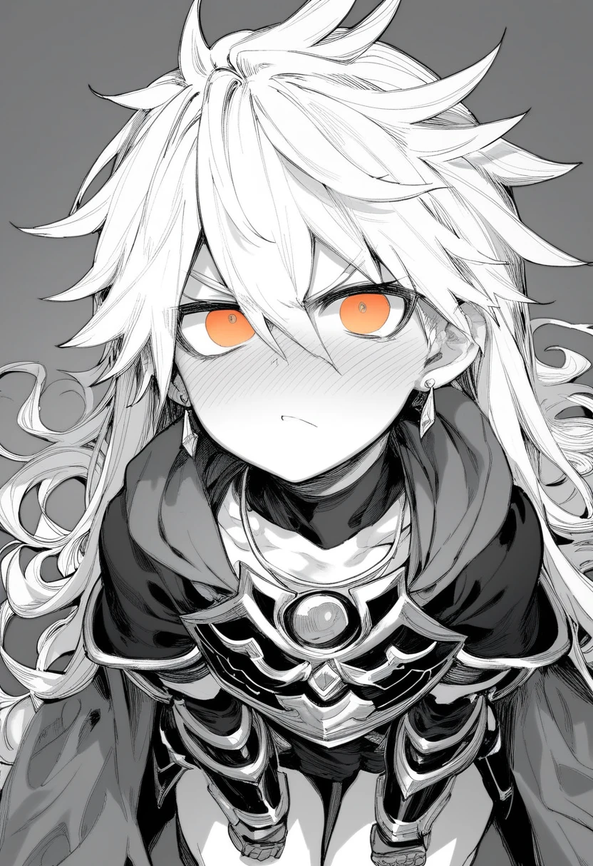 score_9, score_8_up, score_7_up, 1girl, solo, white hair, long hair, pale face, jewelry, flat chest, orange eyes, looking at viewer, necklace, hair between eyes, earrings, black armor, cape, dark plate armor, very long hair, iron gauntlets, collarbone, scabbard, angry, half-closed eyes, blush, on knees, notice lines, looking up, 1boys, muscular male, large penis, penis awe,manga, monochrome, dekosukentr style