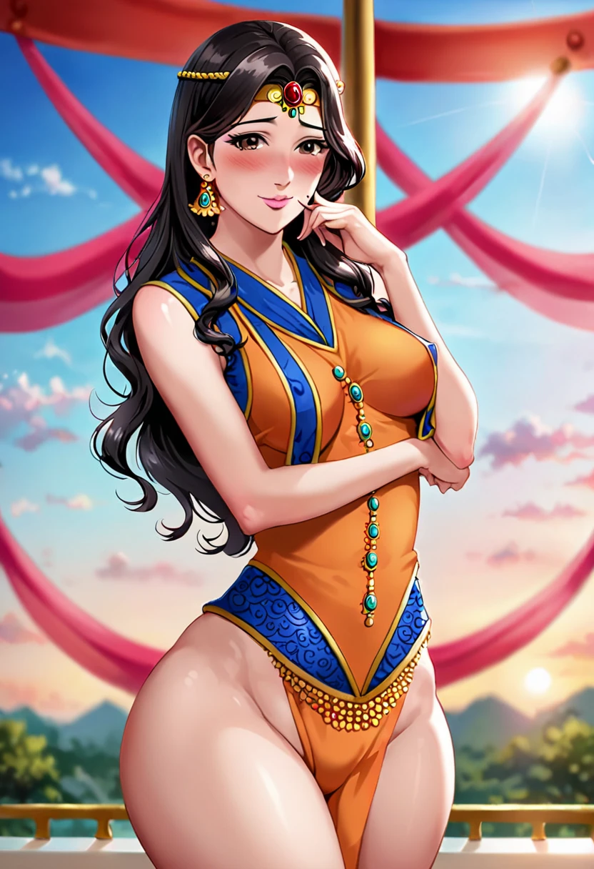 Anime style, source_anime, ((A young arabian girl)), solo, (black hair, medium straight hair), brown eyes, ((medium round breasts, pretty perfect hot hourglass model body, wide hips)), ((Niqab arabian vest)), look at the viewer, extremely detailed, pink lips, shy smile, feminine charm, blushing, beautiful sky, depth of field, in tokyo,