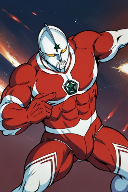 masterpiece,  best quality, 4K, 8k,  Ultraman Jonius, Muscular, , Masculinity、Robust， large crotch bulge，Stocky build、Pinch in battle 、suffer、Thick chest、Captured by the enemy