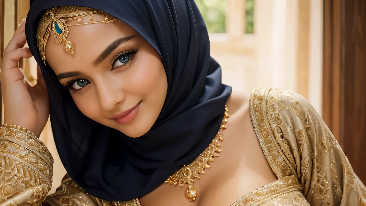 beautiful detailed eyes, beautiful detailed lips, extremely detailed eyes and face, long eyelashes, 1girl, hijabi, 18 years old, voluptuous breasts, golden bangles, bracelets, necklaces, swiss polo golden watch, classroom, shy, (best quality,4k,8k,highres,masterpiece:1.2),ultra-detailed,(realistic,photorealistic,photo-realistic:1.37),portraits,vivid colors,studio lighting