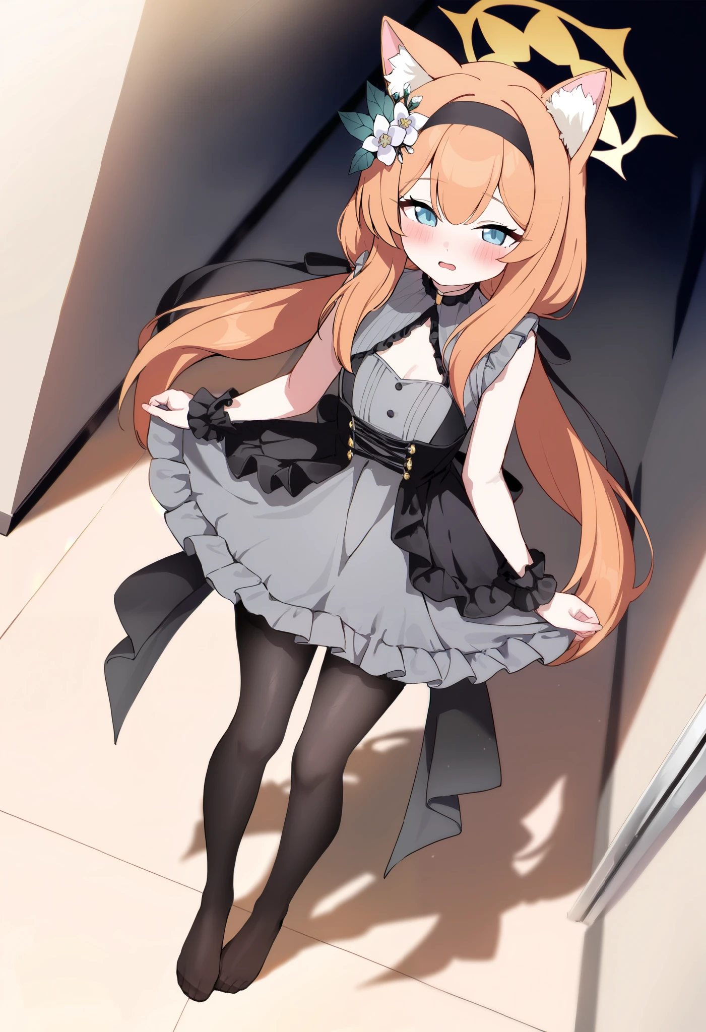 masterpiece,best quality,very aesthetic,newest,absurdres,1girl,no shoes,full body,cat ears,black dress,frilled dress,frilled shirt,frills,halo,idol clothes,low twintails,mini hat,black pantyhose,grey shirt,grey skirt,sleeveless dress,cleavage,black hairband,two-tone dress,
hallway,
mari \(blue archive\),kaede \(yumesaki kaede\),