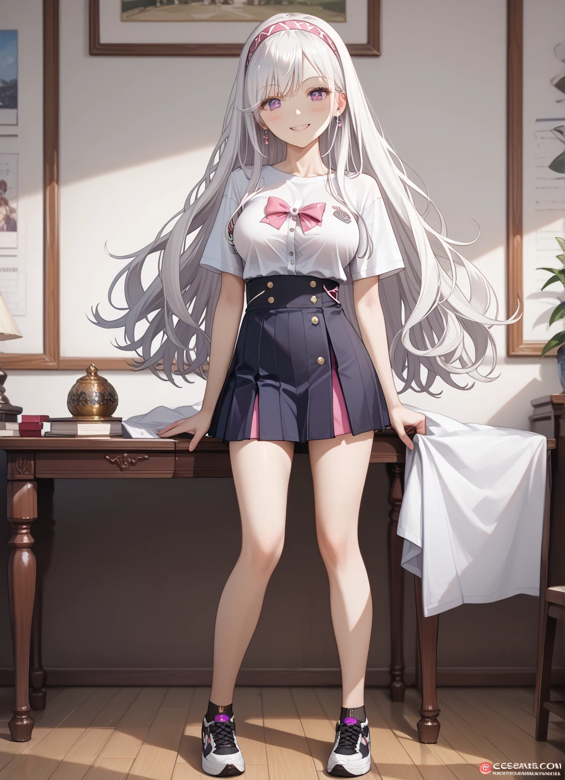 looking at the spectator,  masterpiece, Source_anime , preciso, Detalle, Alta quality , nsfw, A beautiful young woman (Seductive full body , big breasts,  slim waist,  big ass, long white hair, loose hair, wearing a headband , violet eyes, daring smile ),  Wearing an attractive uniform of gal l white t-shirt with a pink bow and black buttons with the school logo on the left shoulder short brown table skirt with yellow squares pull up her skirt mischievously showing white underwear, en una biblioteca escolar con una pizarra y libros