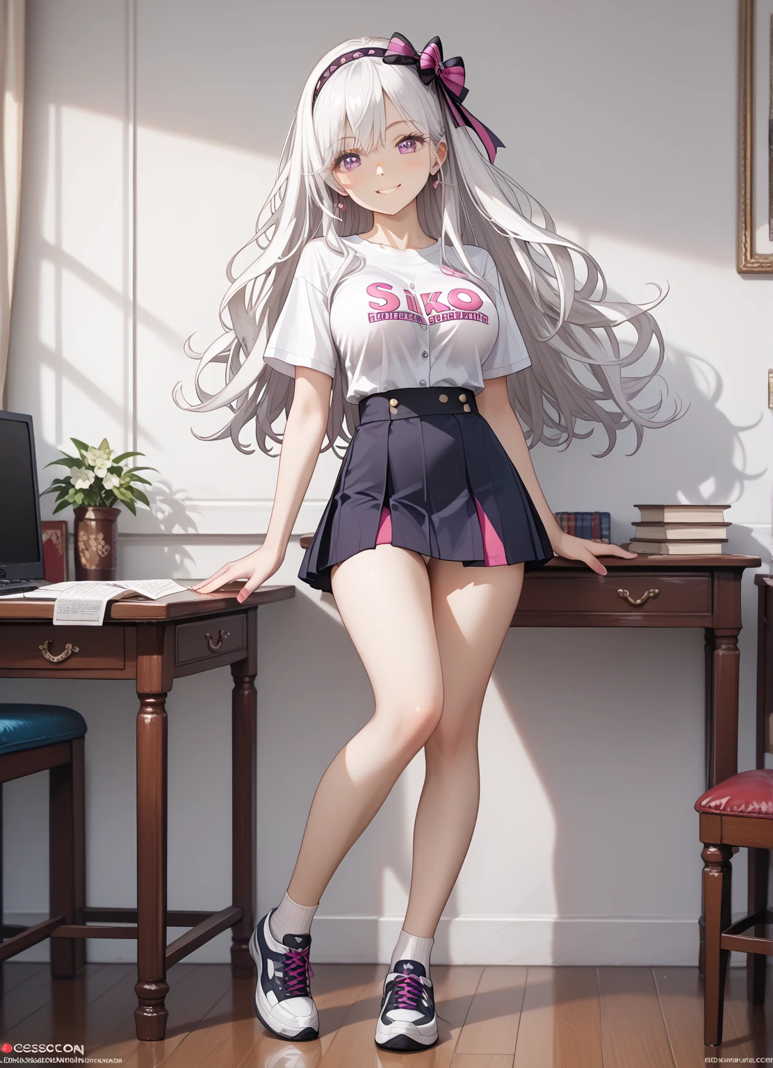 looking at the spectator,  masterpiece, Source_anime , preciso, Detalle, Alta quality , nsfw, A beautiful young woman (Seductive full body , big breasts,  slim waist,  big ass, long white hair, loose hair, wearing a headband , violet eyes, daring smile ),  Wearing an attractive uniform of gal l white t-shirt with a pink bow and black buttons with the school logo on the left shoulder short brown table skirt with yellow squares pull up her skirt mischievously showing white underwear, en una biblioteca escolar con una pizarra y libros