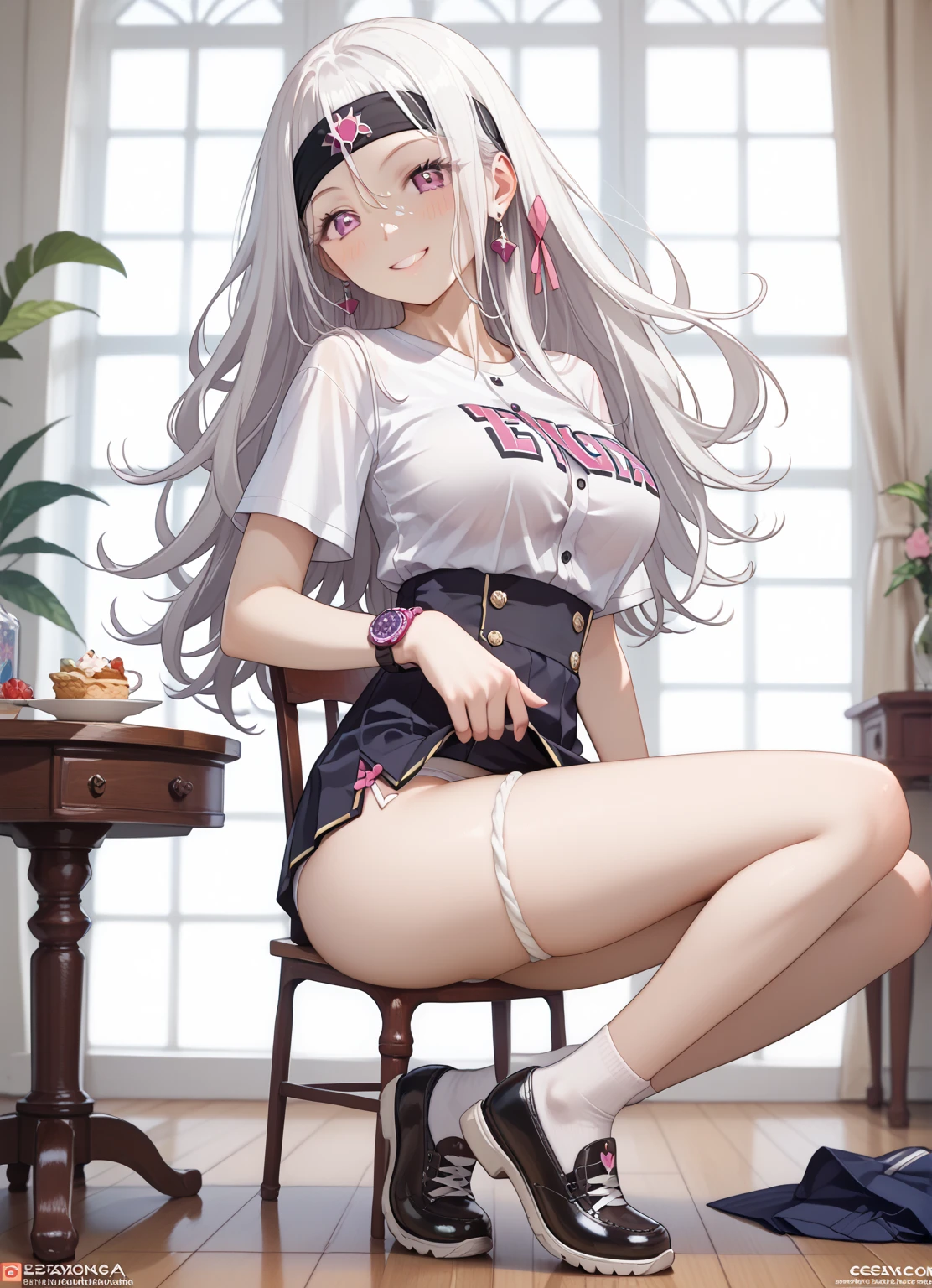 looking at the spectator,  masterpiece, Source_anime , preciso, Detalle, Alta quality , nsfw, A beautiful young woman (Seductive full body , big breasts,  slim waist,  big ass, long white hair, loose hair, wearing a headband , violet eyes, daring smile ),  Wearing an attractive uniform of gal l white t-shirt with a pink bow and black buttons with the school logo on the left shoulder short brown table skirt with yellow squares pull up her skirt mischievously showing white underwear, en una biblioteca escolar con una pizarra y libros