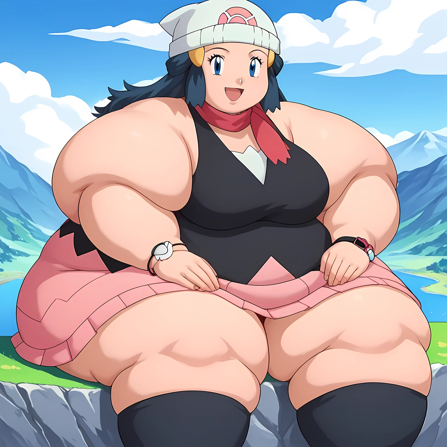 score_9, score_8_up, score_7_up, source_anime, pokemondawn, pokemon dawn, black hair, blue eyes, sidelocks, long hair,, bare shoulders, beanie, black shirt, black socks, bracelet, hat, jewelry, kneehighs, miniskirt, pink skirt, red scarf, scarf, shirt, skirt, sleeveless, sleeveless shirt, white headwear,, landscape, , smile, looking at viewer, solo, fat, chubby, obese, gigantic arms and legs, large breasts open mouth, sitting