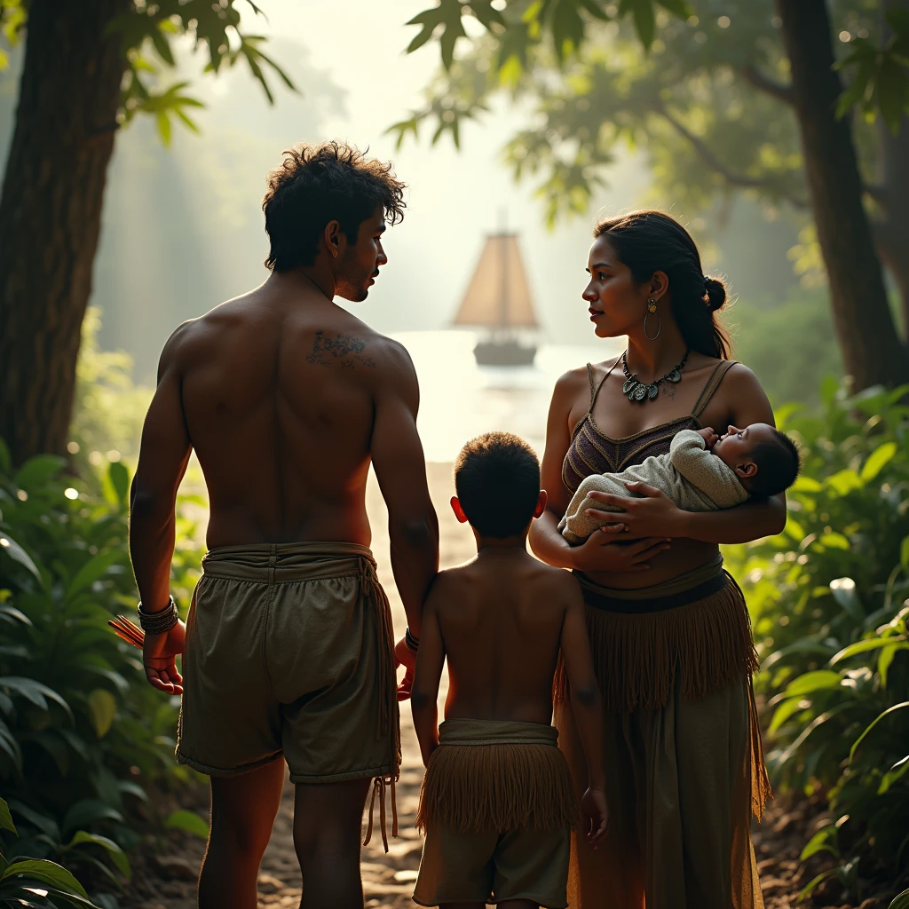 Describe to me a peasant family from the 2000s in Colombia gathered on a farm where they are sitting, Pope , at my mom ,two small children and a with brown hair, slim build and mixed skin color Ai realistic image