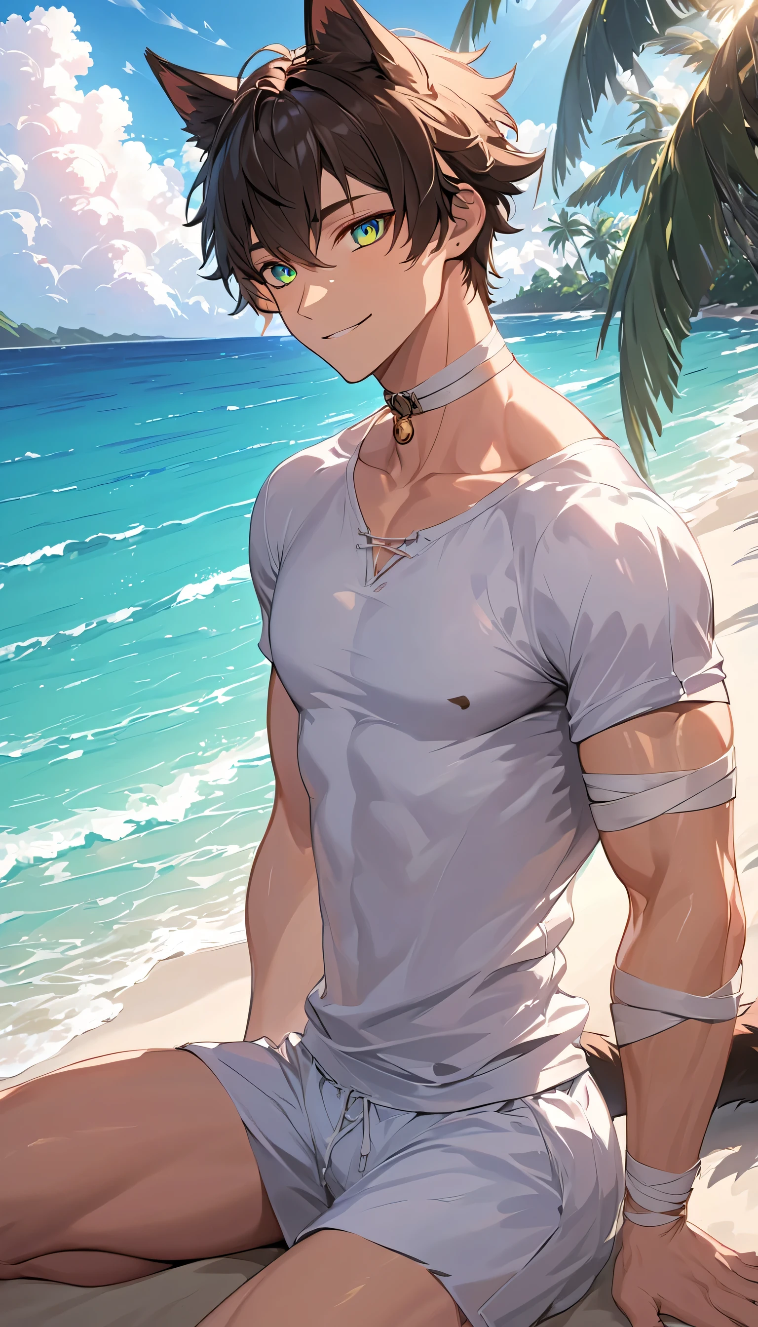 1boy, Apple, bags, bangss, berry, A dark-haired, white  shirt, blue eyess, hair between eye, , looking at the viewers, male focus,, underpants, The shirt, 独奏, Watches, White pants, wrist watch, hair messy,  8K分辨率, Highly detailed and anatomically correct, Sharp Images, digitial painting, concept-art,