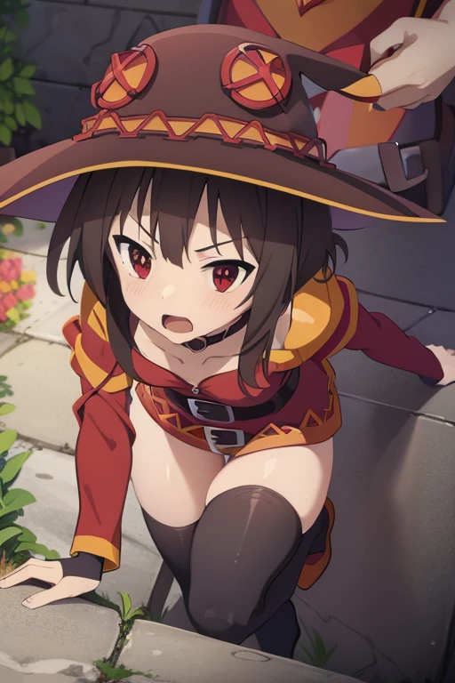 {{{masterpiece}}}, {{{best quality}}}, {{ultra-detailed}}, {illustration}, {{an extremely delicate and beautiful}}, (beautiful detailed eyes:1.6), extremely detailed face, extremely detailed CG, (perfect hands, perfect anatomy), 16k, anime face, NSFW, Megumin(konosuba), megumindef, cute face, short hair, black hair, sidelocks, red eyes, small breasts, thin waist, big hips, curvaceous, witch hat, Red clothes, long sleeve, black cape, fingerless gloves, black choker, black belt, bandage on right leg, black high socks on left foot, brown boots, thighs, zettai ryouik, BREAK, NSFW, an extremely pretty anime character being fucked by many men in lewd poses, 1girl, reverse suspended congress, breasts, hetero, penis, group sex, nipples, (SEX:1.5),{{{penis into pussy}}}, handjob, taking off clothes, open clothes, Open shirt, lift up skirt, multiple boys, multiple penises, gangbang, vaginal, double handjob, navel, pussy, solo focus, spread legs, 3boys, oral, blush, (fellatio:1.5), sweat, on back, areola slip, no panties, profile