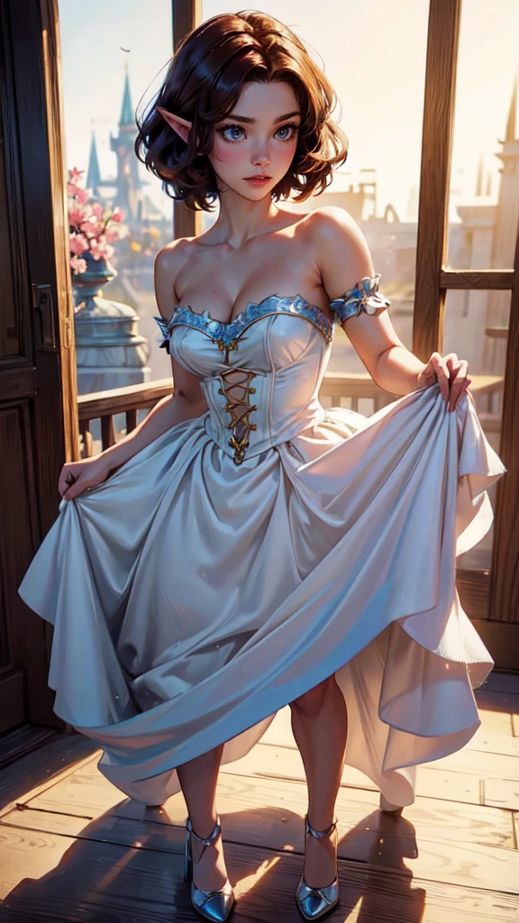 ((best quality)), ((masterpiece)), ((1girl)), solo, Ferry, ((long hair)), FerryBase, ((thighhighs)), bare shoulders, ((jewelry)), ((sleeveless)), white dress, blue skirt, ((gloves)), thigh-high, from behind.