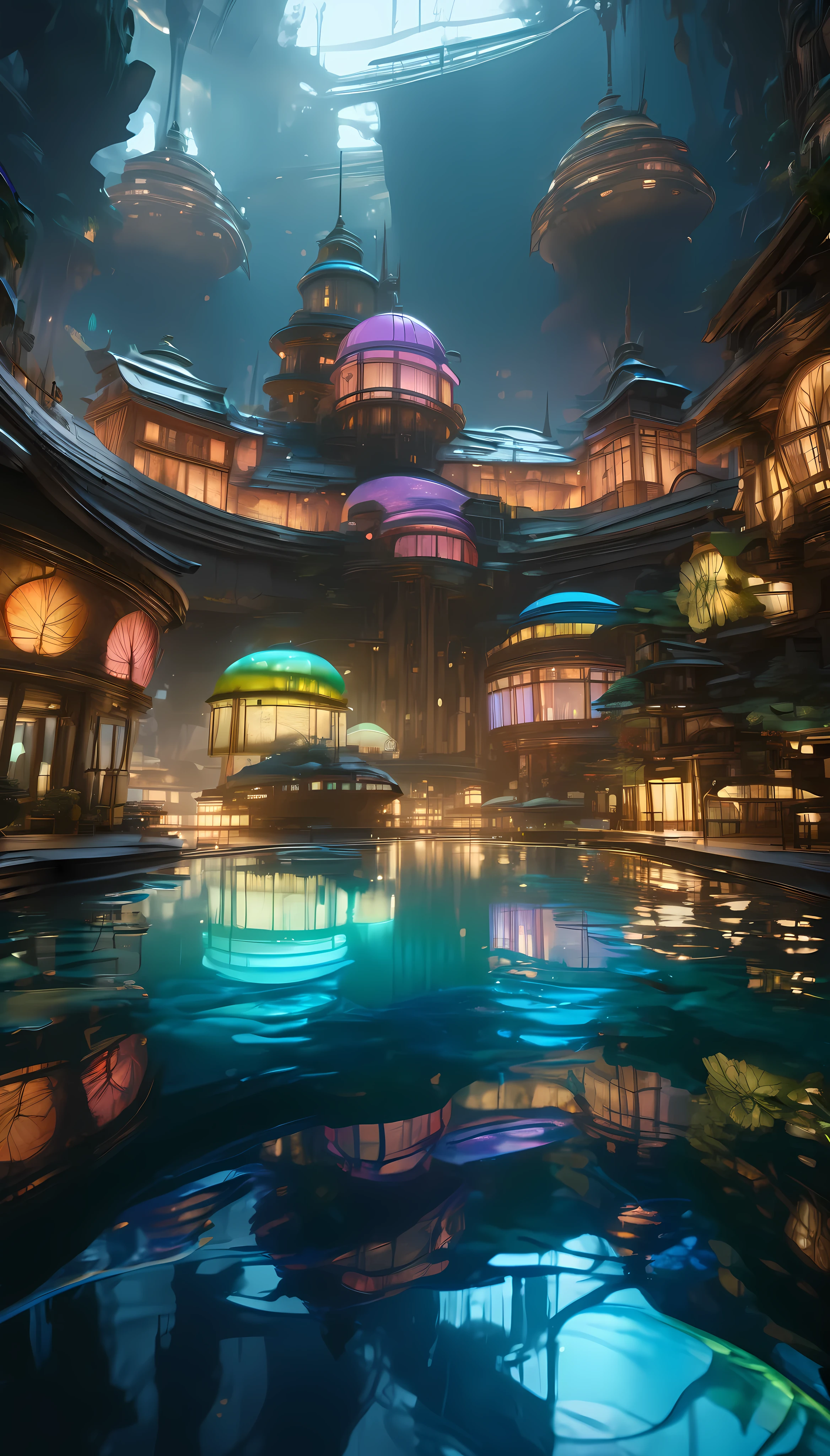 A serene underwater city reflected on the transparent surface of a still lake, the tranquil waters accentuating the otherworldly illumination within, a fantastical vision of a luminous, submerged metropolis, (best quality,4k,8k,highres,masterpiece:1.2),ultra-detailed,(realistic,photorealistic,photo-realistic:1.37),high transparency, vivid colors, dramatic lighting, cinematic composition, surreal, magical realism