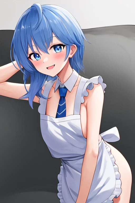 best quality, masterpiece, highres, solo, {minazuki_kantaicollection:1.15}, (naked apron:1.3), close-up, blue_hair, blue_eyes, asymmetrical_hair, short_hair_with_long_locks, open_mouth, smile, blush, crescent, necktie, blue_necktie, crescent_pin