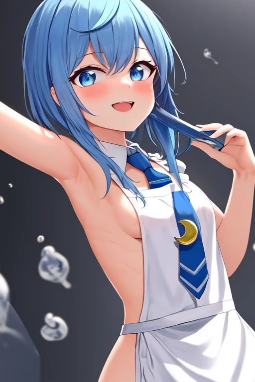 best quality, masterpiece, highres, solo, {minazuki_kantaicollection:1.15}, (naked apron:1.3), close-up, blue_hair, blue_eyes, asymmetrical_hair, short_hair_with_long_locks, open_mouth, smile, blush, crescent, necktie, blue_necktie, crescent_pin