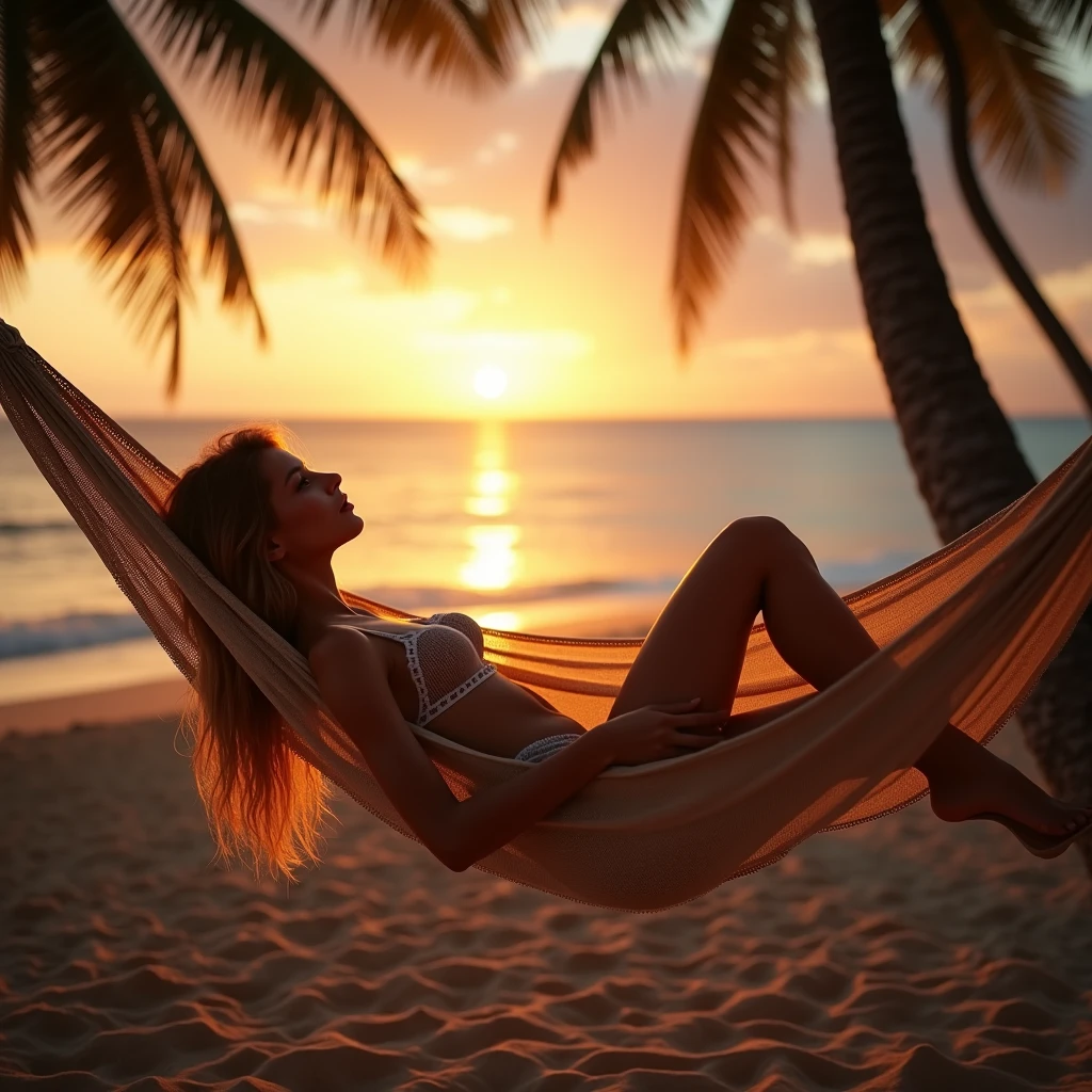  1girl, GSexy  ,  bright eyes ,  Long hair , swimsuit, sea,  hammock , is resting, palm trees, sand, sunset, 8 K,
 when dusk falls in the shadow of the palm, it shakes and eyes、Wona 、loose