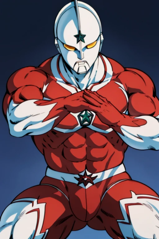 masterpiece,  best quality, 4K, 8k,  Ultraman Jonius, Muscular, , Masculinity, Robust， large crotch bulge，Stocky build、Pinch in battle 、suffer、Thick chest、Captured by the enemy、 anatomically correct fingers 、 Expression of Agony