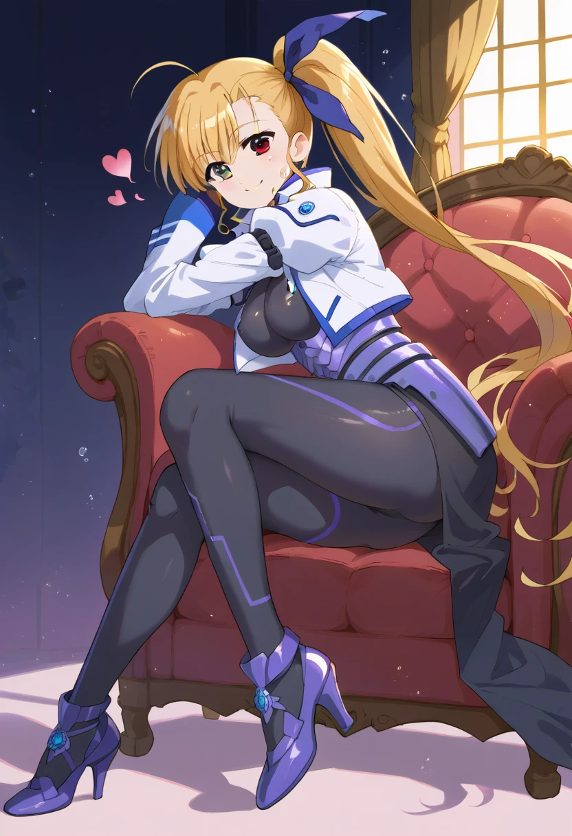 ((full body)), score_9,  score_8_up,  score_7_up,  score_6_up,  score_5_up,  score_4_up, sauce_Anime, bbvivio, aged up, Long Hair,  blonde hair , Ahoge,  Side Ponytail ,  hair bow ,  heterochromia ,  Big Breasts ,  black bodysuit ,  cropped jacket,  white jacket ,  Puff Sleeves ,  Long Sleeve ,  black gloves , armor,  high detail,  High Quality ,smile, Wavy, 1 girl, Alone, Long Hair,  eye,  watching the audience, Particles of light, shut up, indoor, , bangs, ,  tilting your head ,Black Rose, 美丽细致的eye,   1 girl, Alone,  super detailed, Long Hit, Beautiful background,, .(  perfect hand, Perfect Legs，perfect feet， perfect anatomy),  ，M type，  transparent  ，Long legs，Low Cut，Release the shoulder， Touching the genitals，Correct body posture，Right leg shape  ，   Correct Body Ratio ，Correct thighs，Suitable shoes，Luxurious chair，(( Play, Heart Shaped Eyes , orgasm , Butt,sweat,(urination)， Climax ， cause cramps ))，