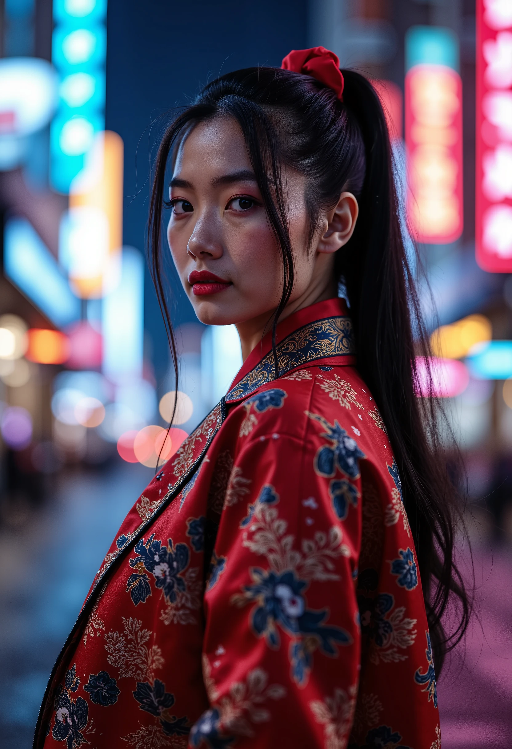 sukajan, Professional photography, portrait of a woman wearing red jacket and jeans, black hair, ponytail hair with, neon city in background, bokeh, depth of field 