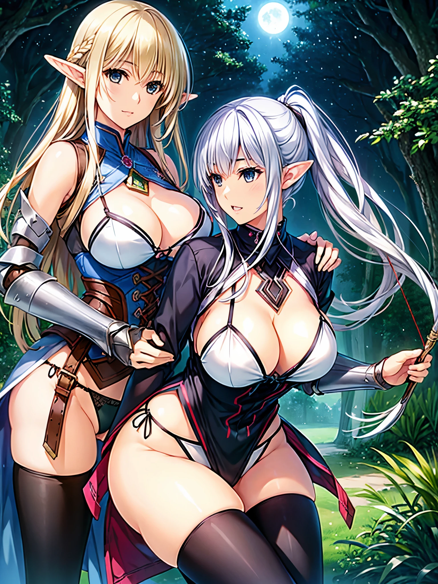 ((Two older sisters with different hair lengths、Tree Eyes、Beautiful elven woman、 Elven Hunters 、 cool women、Bow and Arrow、Armor Dress、White high leg bikini、belly button、thong、 knee-high socks 、Big Breasts、 cleavage、Captivating thighs、 big butt 、 adult woman laughing、 Inside the Mysterious Forest))、 glamorous body、Extremely sexy、Moonlit Night、Rin々Standing still、Beautiful long legs、Groin、 Cowboy Shot 