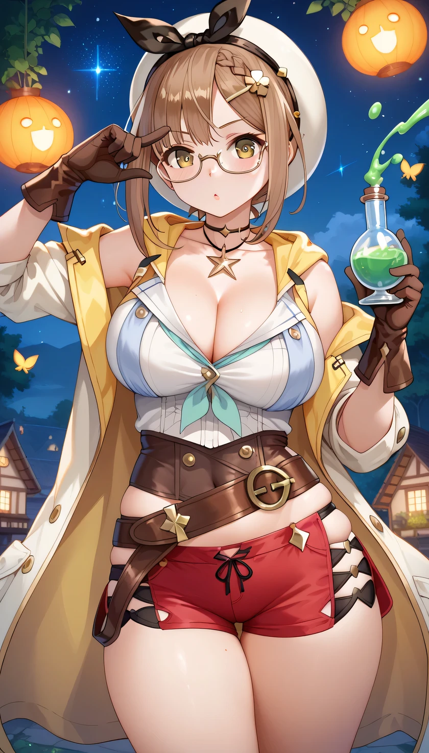 high resolution, (alchemy), girl victory, Liza's room,      Atelier Ryza     , (mesugaki), the girl is young,  Glasses、the girl has big breasts, (very slender waist), big butt, and plump thighs, Thin arms、(slender body), (the girl is cute), brown hair, straight short Hair, (Lizarin =Stout ),  Put on a white coat、 take the yellow hood out 、yellow sleeveless jacket with hood 、 cleavage、natural shirt with open chest、 choker with star、Leather gloves、 red shorts with buttons off 、  headband with black bow 、 brown leather belt 、belly button、jitome, night,   The experiment is ongoing 、 holding a flask, I'm looking at the liquid、 I'm mixing green liquid with a flask in both hands 、It's a confused expression 、机の上でThe experiment is ongoing 、