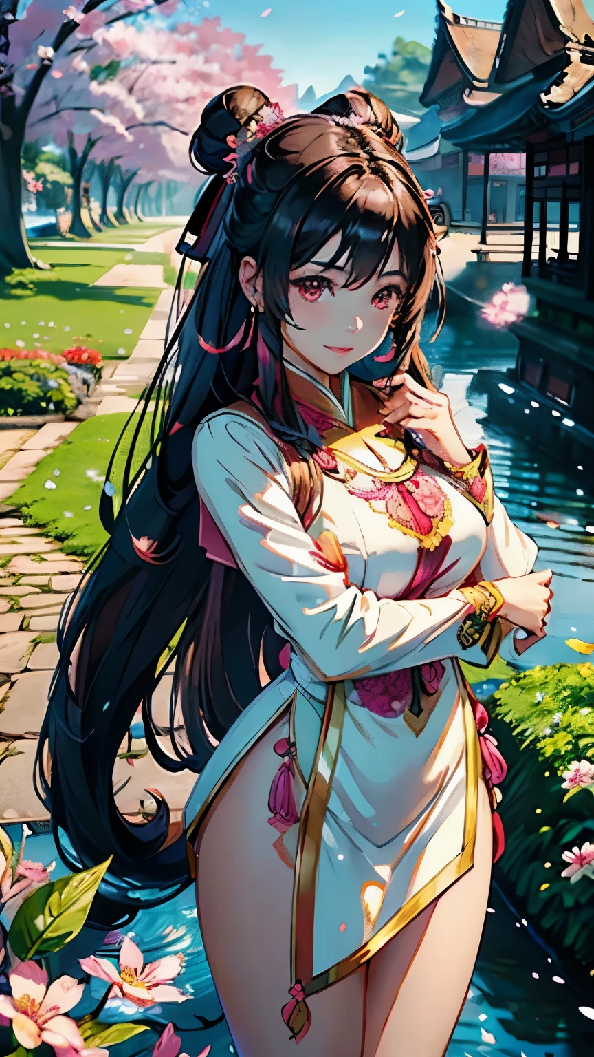 (highest quality, masterpiece, High resolution)、(anime art)、bright light、brown eyes、(thick hair)、long hair、hair ornaments、Cute face details、enchanting smile、small breasts、whole body、((sakura tropical))  (best quality,4k,8k,highres,masterpiece:1.2),ultra-detailed,(realistic,photorealistic,photo-realistic:1.37),acrylic painting,beautiful Indonesian model wearing a vibrant Chinese traditional silk dress, beautiful Indonesian model in a silk Chinese traditional outfit with downy hair,beautiful Indonesian model's silk Chinese silk dress adorned with cute bows and chains, beautiful Indonesian model with extremely colorful hair and detailed facial features,beautiful Indonesian model standing in a beautiful garden,  beautiful Indonesian model with intricate accessories,beautiful Indonesian model posing gracefully,beautiful Indonesian model with long flowing long hair,beautiful bright brown eyes and rosy lips,beautiful Indonesian model with a joyful expression,beautiful Indonesian model in a dynamic pose with sakura blossoms falling around her,beautiful Indonesian model surrounded by colorful flowers and butterflies, tights,beautiful Indonesian model with an enchanting smile,beautiful Indonesian model with soft, pastel-colored shading, beautiful Indonesian model with a fairytale-like background,sailor moon hair, flower in hair, hair ornaments, long sleeve, two hair buns, Double Bun, 