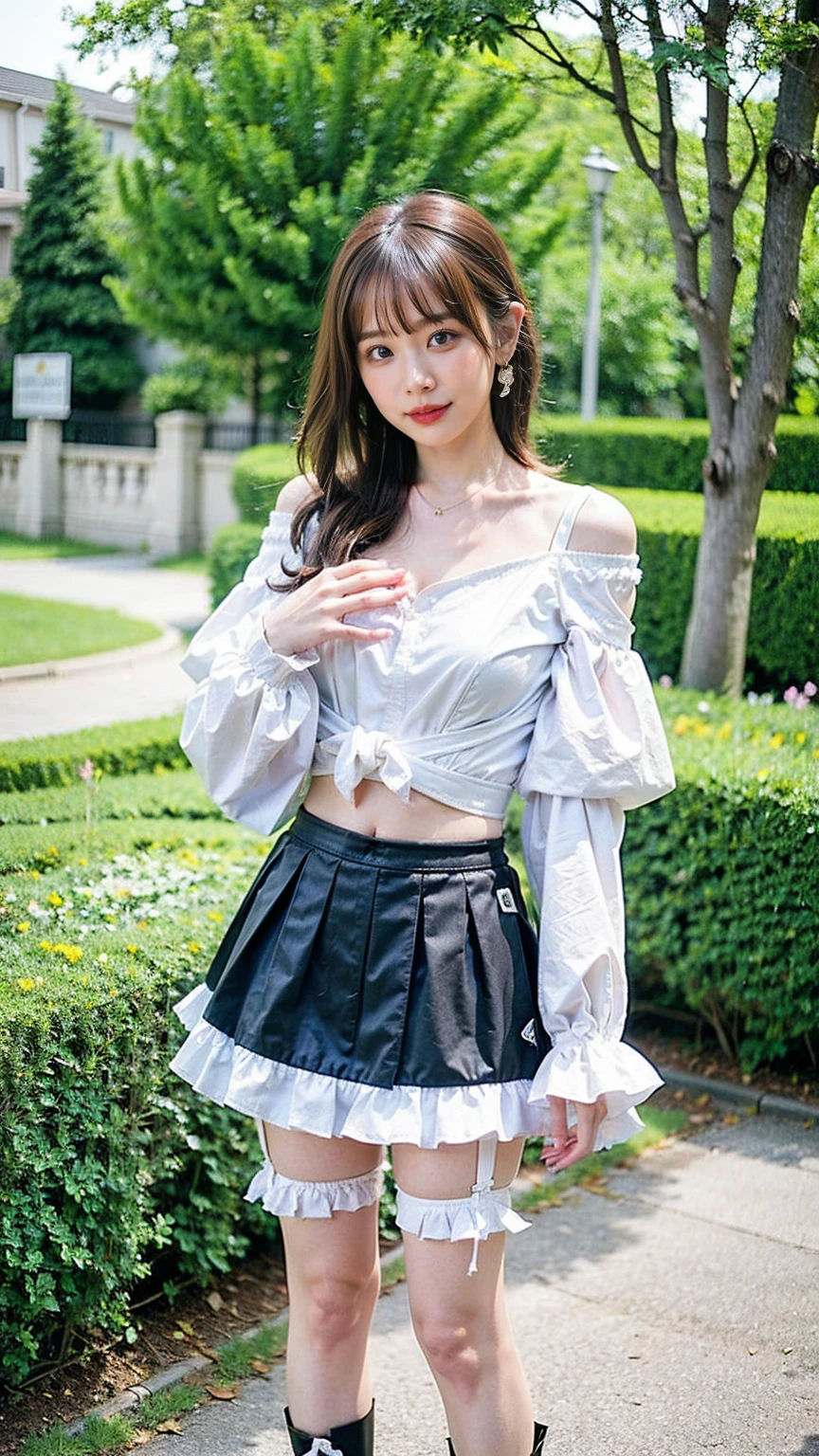 (8k、  RAW Photos from the Last Century 、 best quality、masterpiece:1.2)、(Realistic、Realistic)、1 person、((Black and light blue、silk off-the-shoulder、 see-through 、Frills、ribbon、 miniskirt、 Big Breasts 、 Thin legs、 cleavage、 garter belt、 boots 、  camera 、garden、I'm standing with my hands on my hips、whole body )、cute