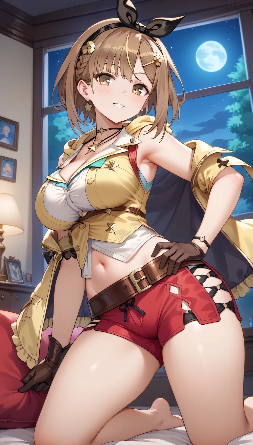 masterpiece,hentai anime character, I'm straddling a man's crotch, Ryza having intense cowgirl sex, (((Aggressive vaginal sex: 1.2))), favorite,Bounce and shake wildly,, 32K,Super detailed,Ultra-detailed,Big Breasts, Vibrant breasts, Short brown hair, shirt, Shorts, Red shorts, White Beret, Black knee socks, Ryza outfit, loungewear, {{A biological weapon that preyed on the sleeping Ryza and transformed into her appearance, Big  bouncing}}, Shake violently, Overall view, Town, NSFW